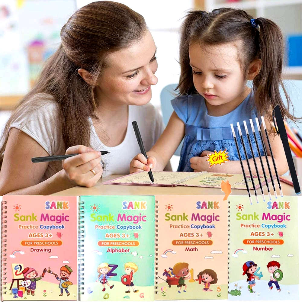 Sank Magic Practice Copybook Set Of 4 Books With Pen & Refills Reusable Handwriting Workbook Tracing Practice Book For Preschools